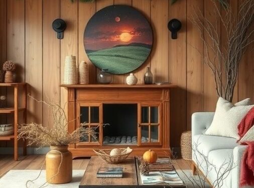 Cozy living room with wooden walls, rustic decor, and fall accents