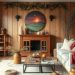 Cozy living room with wooden walls, rustic decor, and fall accents
