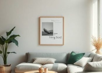 A cozy Nordic living room with a gray sofa, wooden flooring, and plants.