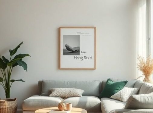 A cozy Nordic living room with a gray sofa, wooden flooring, and plants.