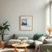 A cozy Nordic living room with a gray sofa, wooden flooring, and plants.