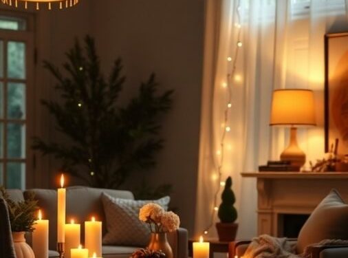 A cozy fall living room with layered lighting, featuring candles, a hanging lamp, and fairy lights.