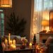 A cozy fall living room with layered lighting, featuring candles, a hanging lamp, and fairy lights.