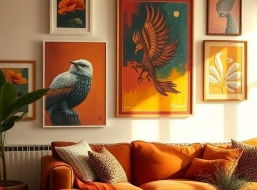 Cozy living room with warm colorful artwork on the walls