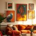 Cozy living room with warm colorful artwork on the walls