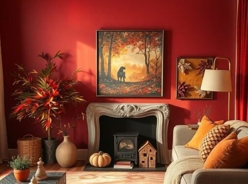 Cozy fall living room with red walls, autumn decor, and warm colors