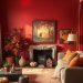 Cozy fall living room with red walls, autumn decor, and warm colors
