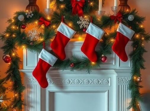 A beautifully decorated fireplace mantel for Christmas with stockings, a wreath, and candles.