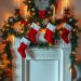 A beautifully decorated fireplace mantel for Christmas with stockings, a wreath, and candles.