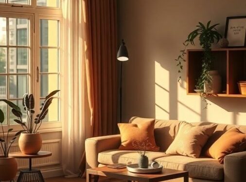 A cozy living room with warm colors, featuring a sofa, cushions, and natural light.