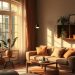 A cozy living room with warm colors, featuring a sofa, cushions, and natural light.