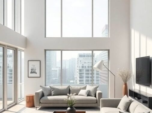 A contemporary minimalist living room with large windows, gray sofas, and a simple coffee table.