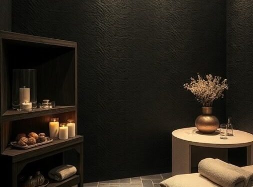 A serene spa setting featuring textured black wallpaper, soft lighting, candles, and a cozy arrangement.