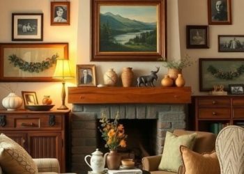 A cozy rustic living room featuring comfortable chairs, family photos on the walls, and a warm fireplace.