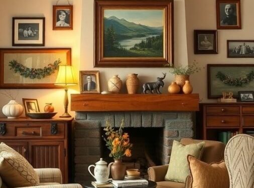 A cozy rustic living room featuring comfortable chairs, family photos on the walls, and a warm fireplace.