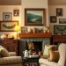 A cozy rustic living room featuring comfortable chairs, family photos on the walls, and a warm fireplace.