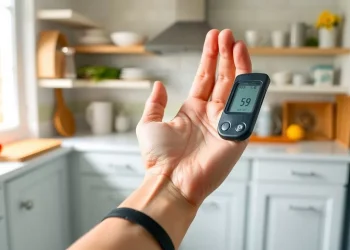 Hand holding a blood glucose meter for testing.