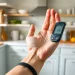 Hand holding a blood glucose meter for testing.