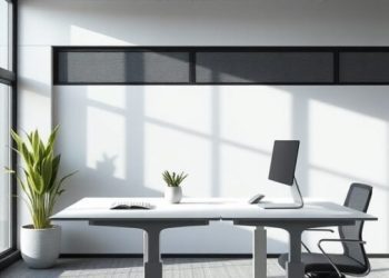 A modern adjustable desk in a bright office space with a plant and computer.