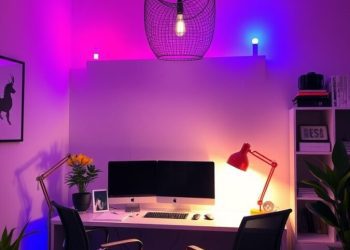 A modern home office with colorful lighting fixtures, including a unique pendant light and a red desk lamp.