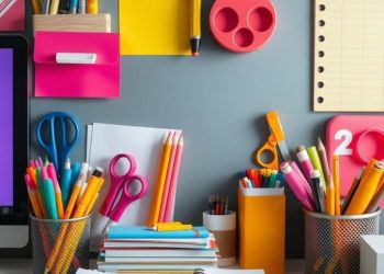 A colorful array of office accessories including pens, sticky notes, and notebooks on a desk.
