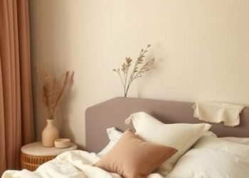 A cozy bedroom with neutral colors, featuring beige walls, soft bedding, and natural decor.