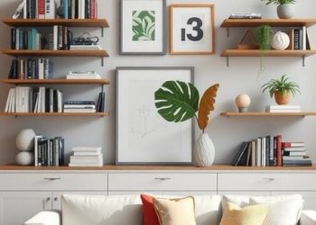 Cozy living room with floating shelves displaying books and plants