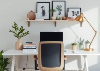 A stylish and functional home office desk arrangement with a white desk, comfortable chair, and decorative elements.