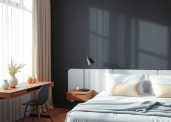 A minimalist bedroom featuring a bed with built-in storage, a wooden desk, and a cozy chair, accented by a dark wall and natural light.
