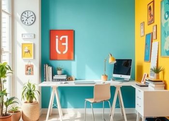 A bright home office with teal and yellow walls, a white desk, and a pink rug.