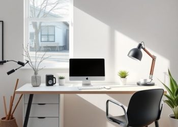 A minimalist home office with a desk, computer, lamp, and plants, featuring natural light from a window.