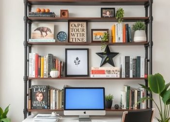 A home office with metal pipe shelving displaying books, plants, and decorative items.