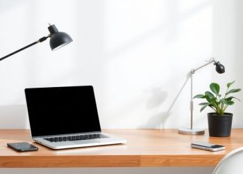 A minimalist desk setup featuring a laptop, smartphone, and a small potted plant on a wooden desk.