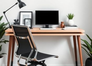 A minimalist desk setup featuring a wooden desk, a computer monitor, a desk lamp, and plants.