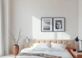 A modern minimalist bedroom featuring a neatly made bed, soft lighting, and simple decor.