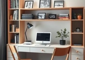 A cozy and organized home office featuring a desk with shelves, a computer, and folding chairs.