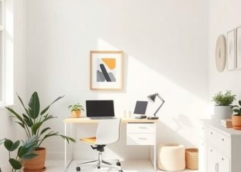 A minimalist home office with a neutral color palette, featuring a desk, plants, and natural light.