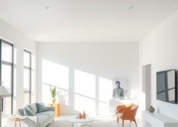 A minimalist living room featuring an open space concept with large windows, light furniture, and simple decor.
