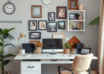 A bright home office with a desk, computer, framed photos on the wall, and plants.