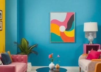 A vibrant living room featuring a blue accent wall, pink and yellow furniture, and colorful artwork.