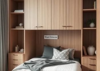 Small bedroom with multi-functional furniture including a bed with storage drawers and wall-mounted shelves.