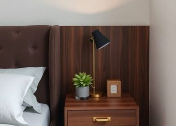 A compact nightstand with storage, featuring a drawer, a lamp, and a small plant.