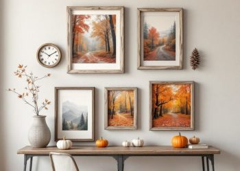 Rustic wall art display featuring autumn-themed framed pictures, a clock, and decorative pumpkins on a wooden table.