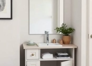 Compact vanity with sink and mirror in a small bedroom