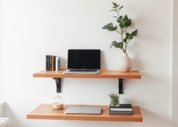 A minimalist floating desk setup with two wooden shelves, a laptop, books, and a plant.