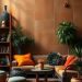 Cozy living room with earthy color palette, featuring terracotta walls, orange cushions, plants, and wooden furniture.