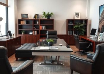 A stylish masculine home office featuring dark wood furniture and leather chairs.