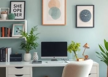 A stylish home office with soft blue walls, a white desk, and green plants, creating a calm and inviting workspace.
