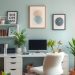 A stylish home office with soft blue walls, a white desk, and green plants, creating a calm and inviting workspace.