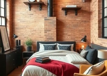 Chic urban loft guest bedroom with exposed brick walls, modern furniture, and cozy bedding.